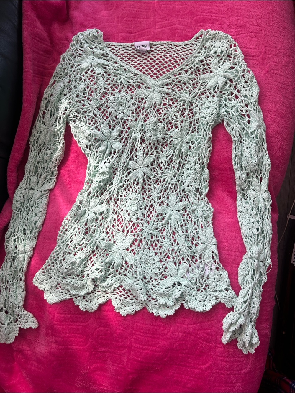 y2k ‘together’ 100% Cotton Mint Green Crochet Flowers Long Sleeve Top